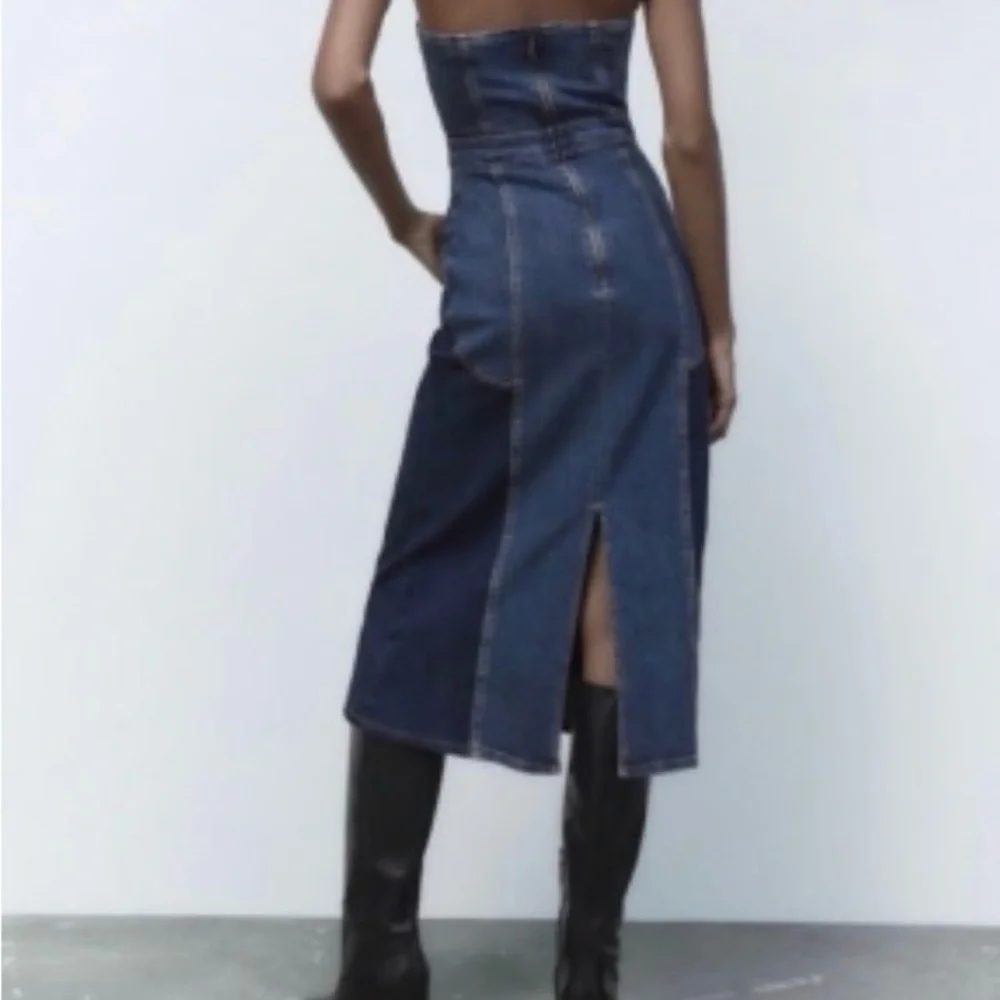 Zara Two-Tone Strapless Denim Midi Dress - Blue - Picture 2 of 3